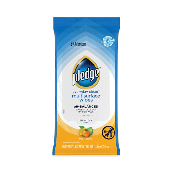 Pledge Multi-Surface Cleaner Wet Wipes, Cloth, 7 x 10, Fresh Citrus, 25 Wipes 319249EA - main